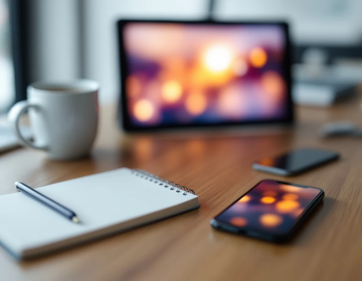 Training workspace with devices and notepad on wooden desk showing multiple content delivery formats