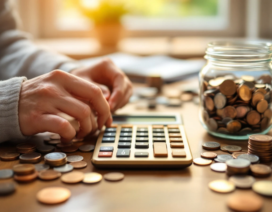 Calculator with organized coins and savings jar on wooden desk representing training cost analysis