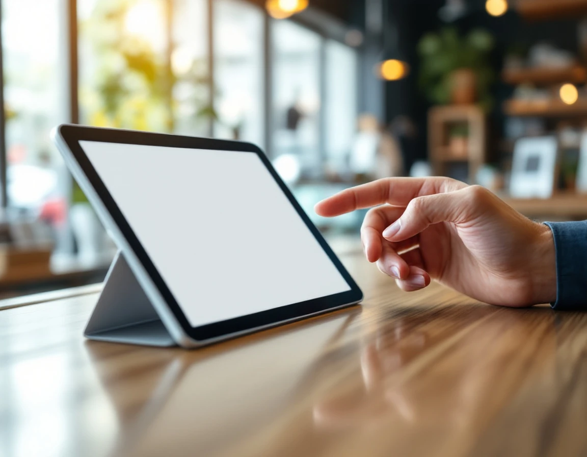 Hands using tablet on retail counter with blank screen in professional training environment