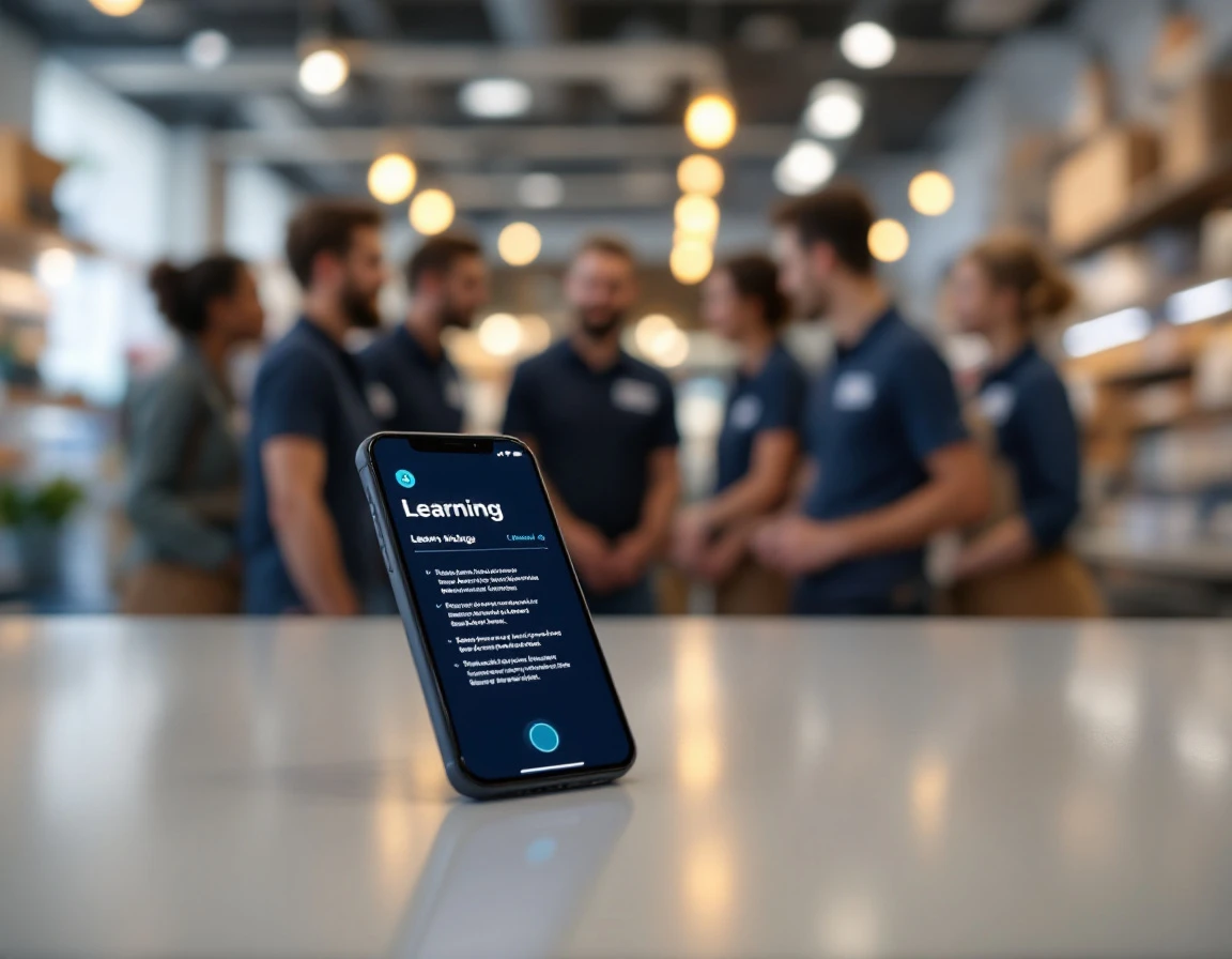 Smartphone displaying training interface on retail counter with employees learning in background