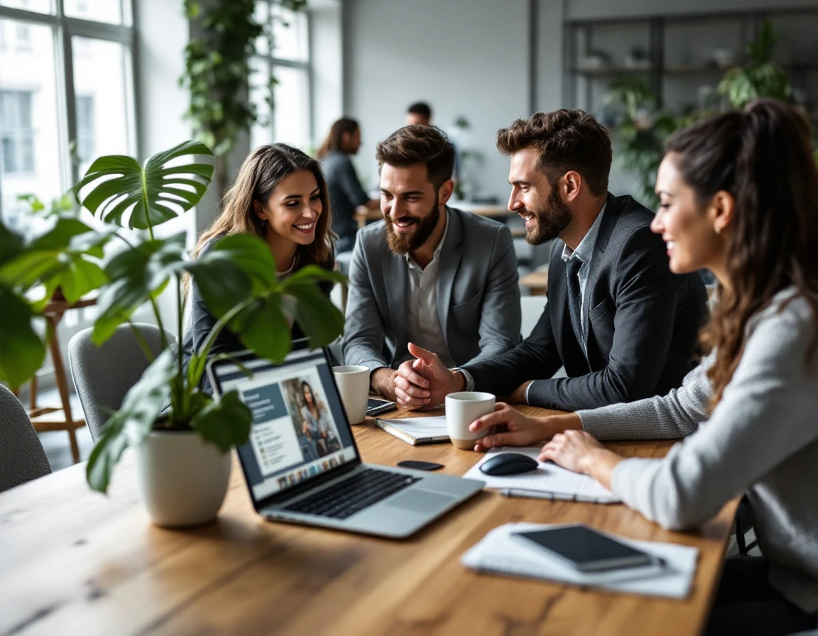 Training professionals collaborating around laptop with content authoring interface in modern office setting