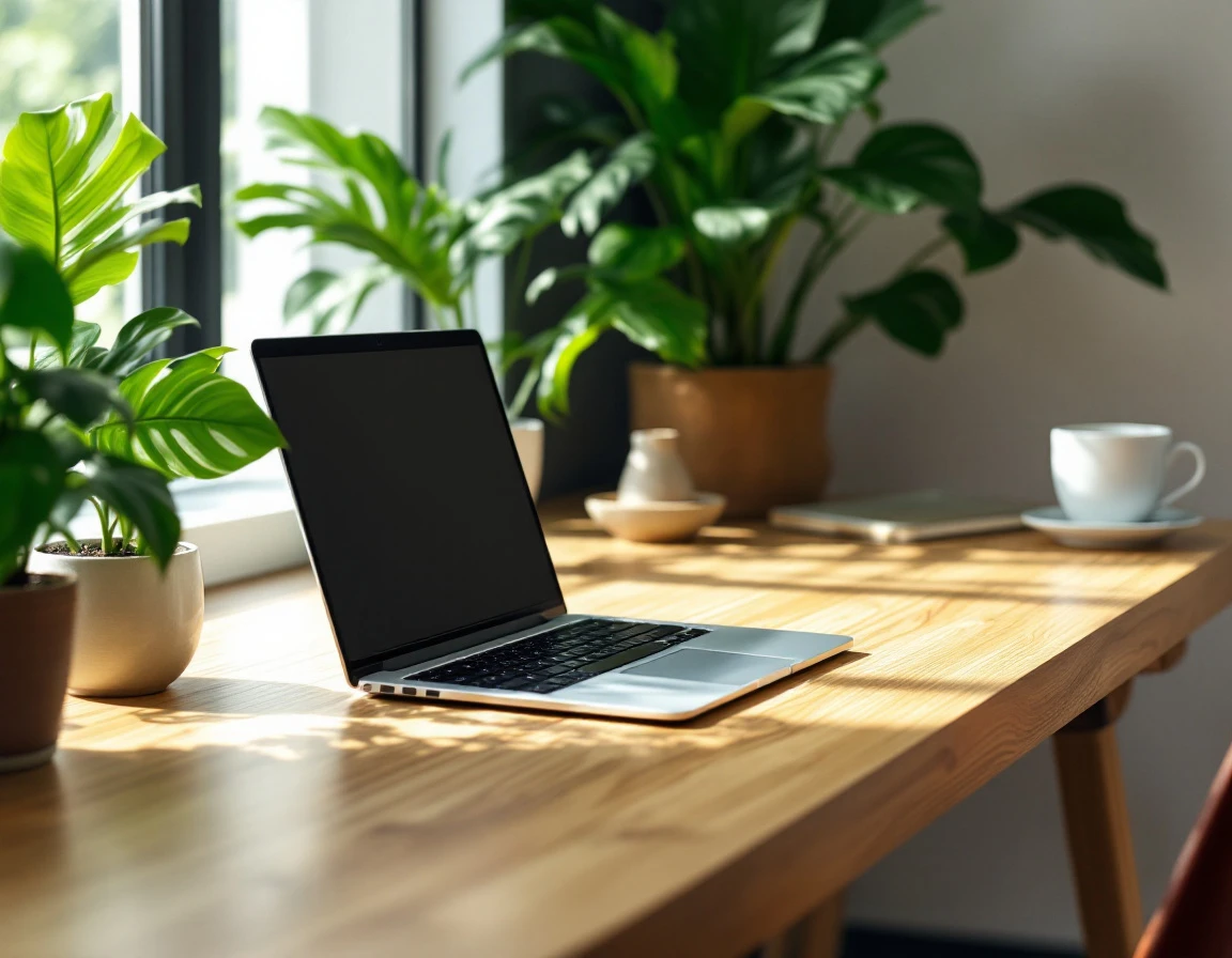 Clean desk workspace with laptop and green plants in natural light for professional training environment