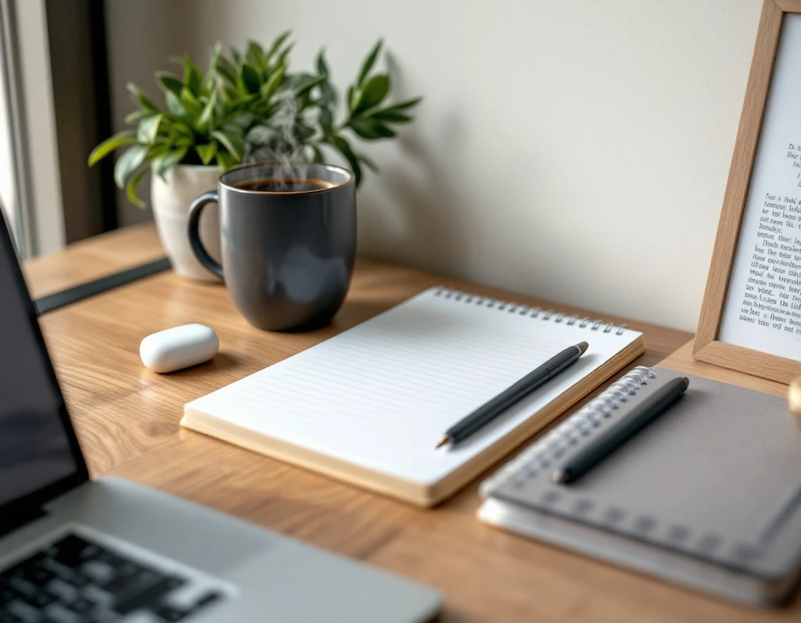 Organized wooden desk workspace with coffee, blank notepad, and learning materials in natural window light