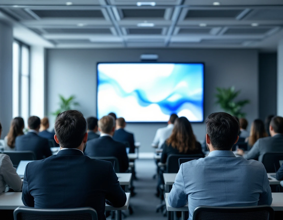 Corporate training session with participants focused on compliance education in modern conference room setting