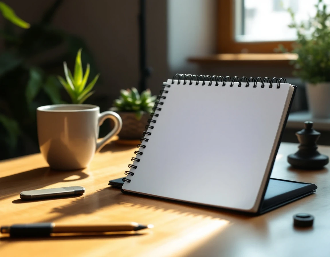 Minimalist training desk with single notebook emphasizing focused, one-concept learning approach
