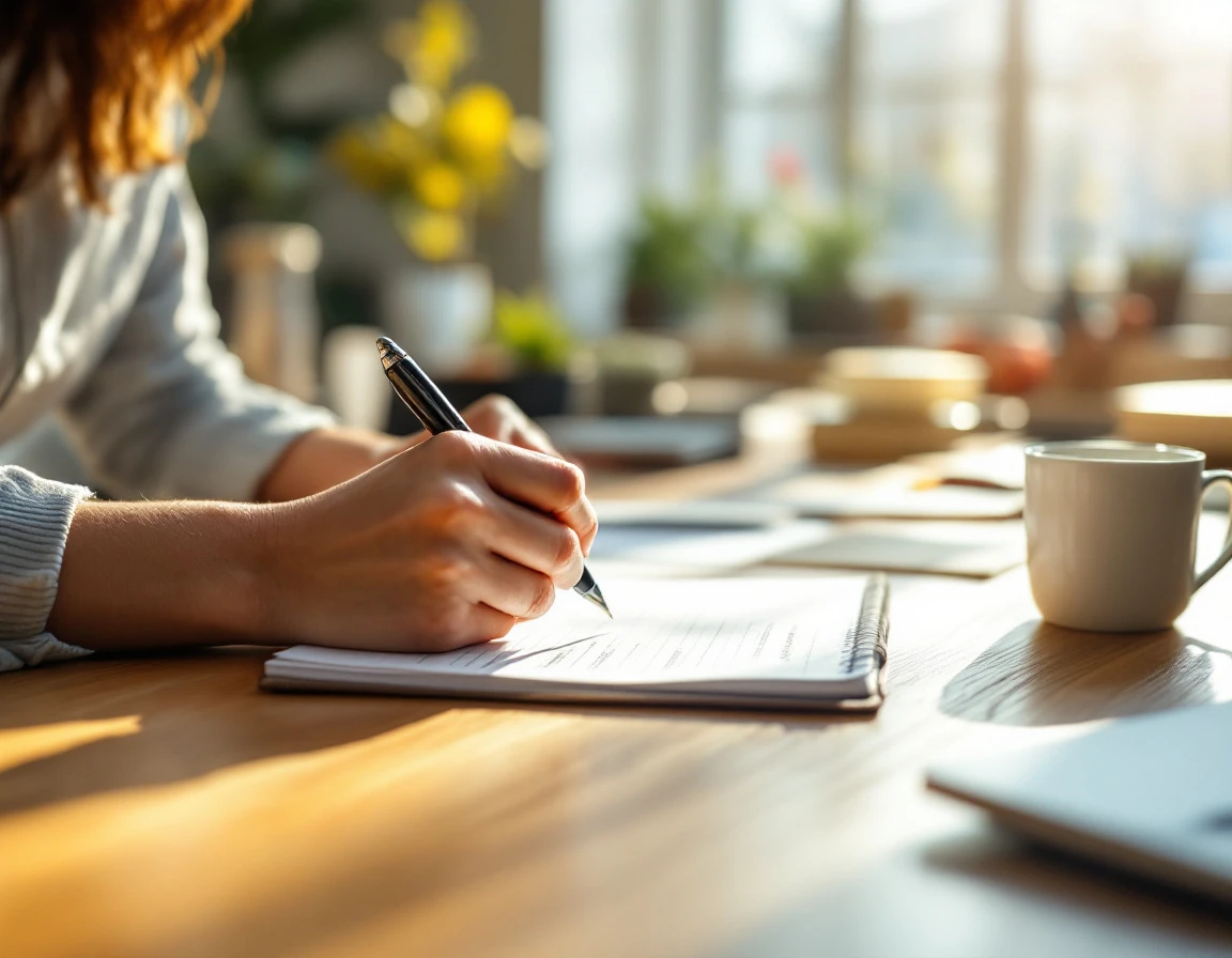 Hands writing notes at training table with coffee and notebook during employee onboarding session