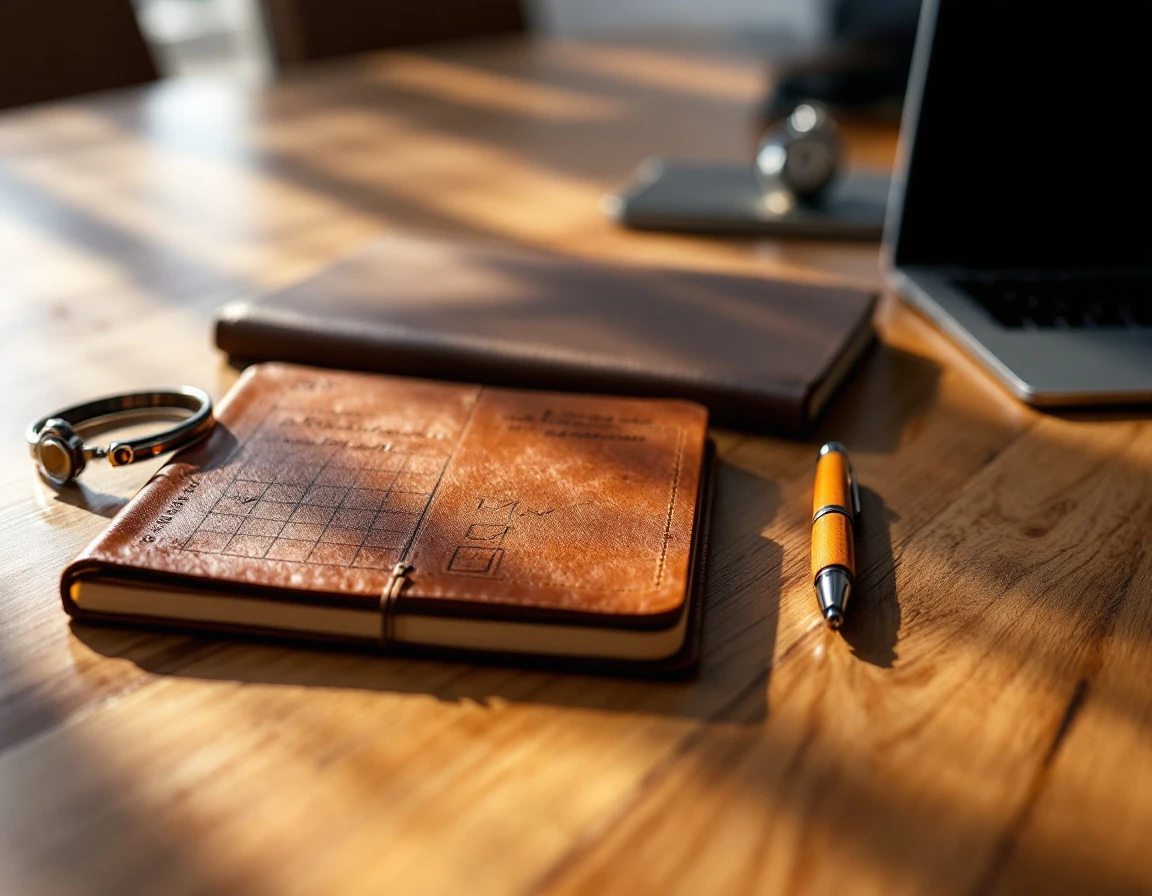 Conference table with observation notepad, stopwatch, laptop, and journal for tracking behavioral learning indicators