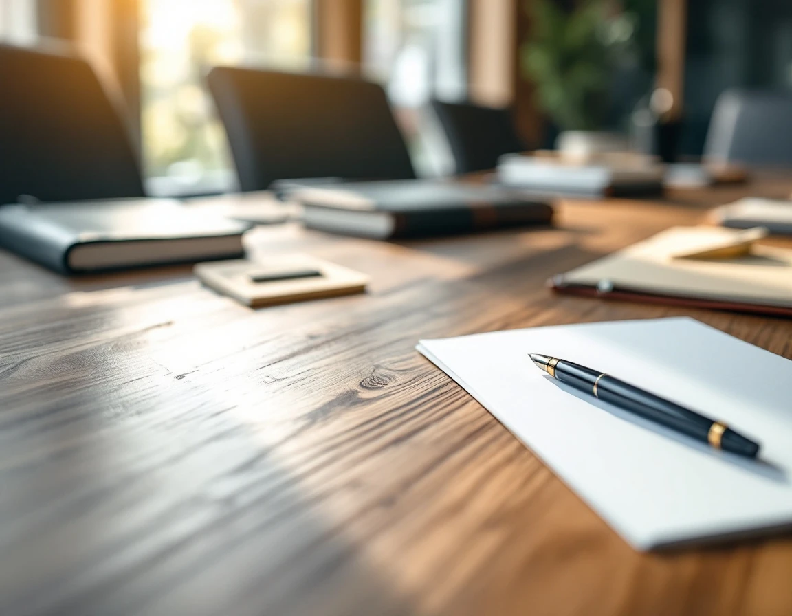 Wooden conference table with business notebooks, pen, and blurred papers in soft natural light