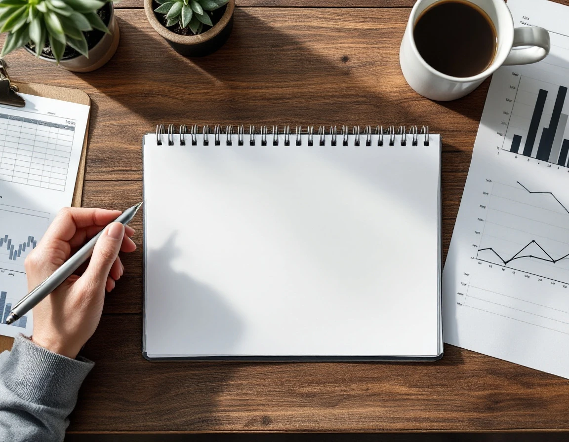 Learning and development workspace with blank notepads, unmarked charts, and observation tools on wooden desk