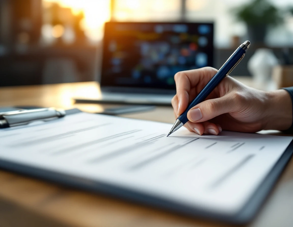 Professional hands holding clipboard and pen during employee readiness assessment in modern office setting