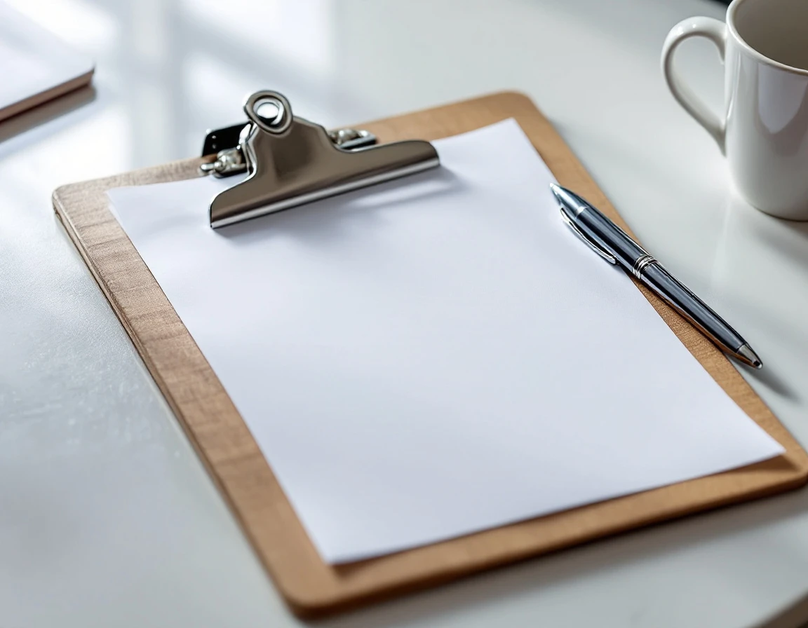 Organized clipboard with metal hardware and pen on clean desk workspace with coffee mug