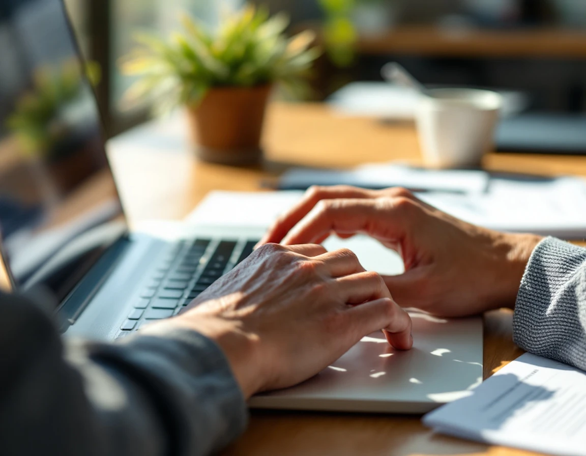 Hands typing on laptop keyboard during workplace security training session with office materials nearby