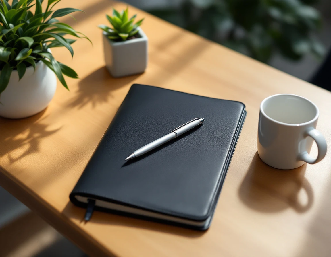 Professional office desk workspace with pen and notepad for secure password management and credential documentation