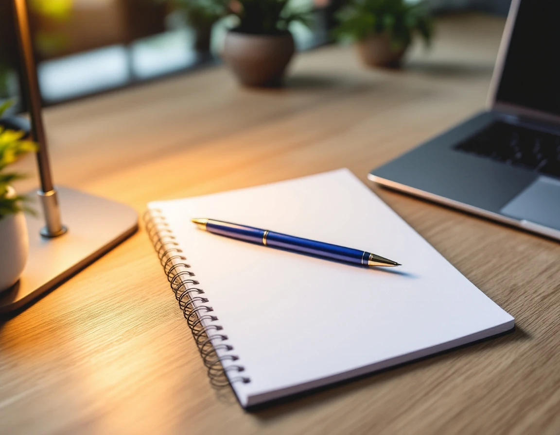 Blank notebook and laptop on organized office desk with warm lighting for performance review preparation