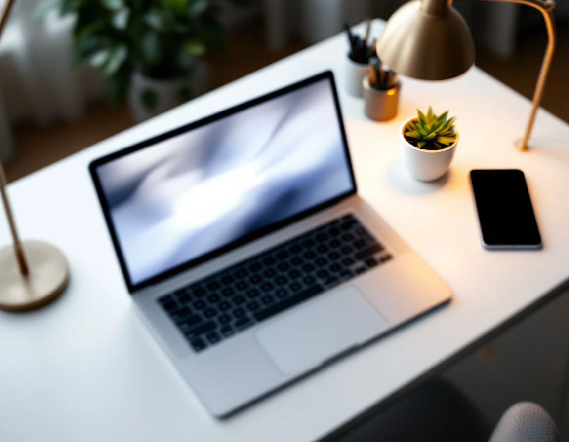 Clean office desk with laptop and devices showing blurred screens, coffee mug, and desk lamp in natural lighting