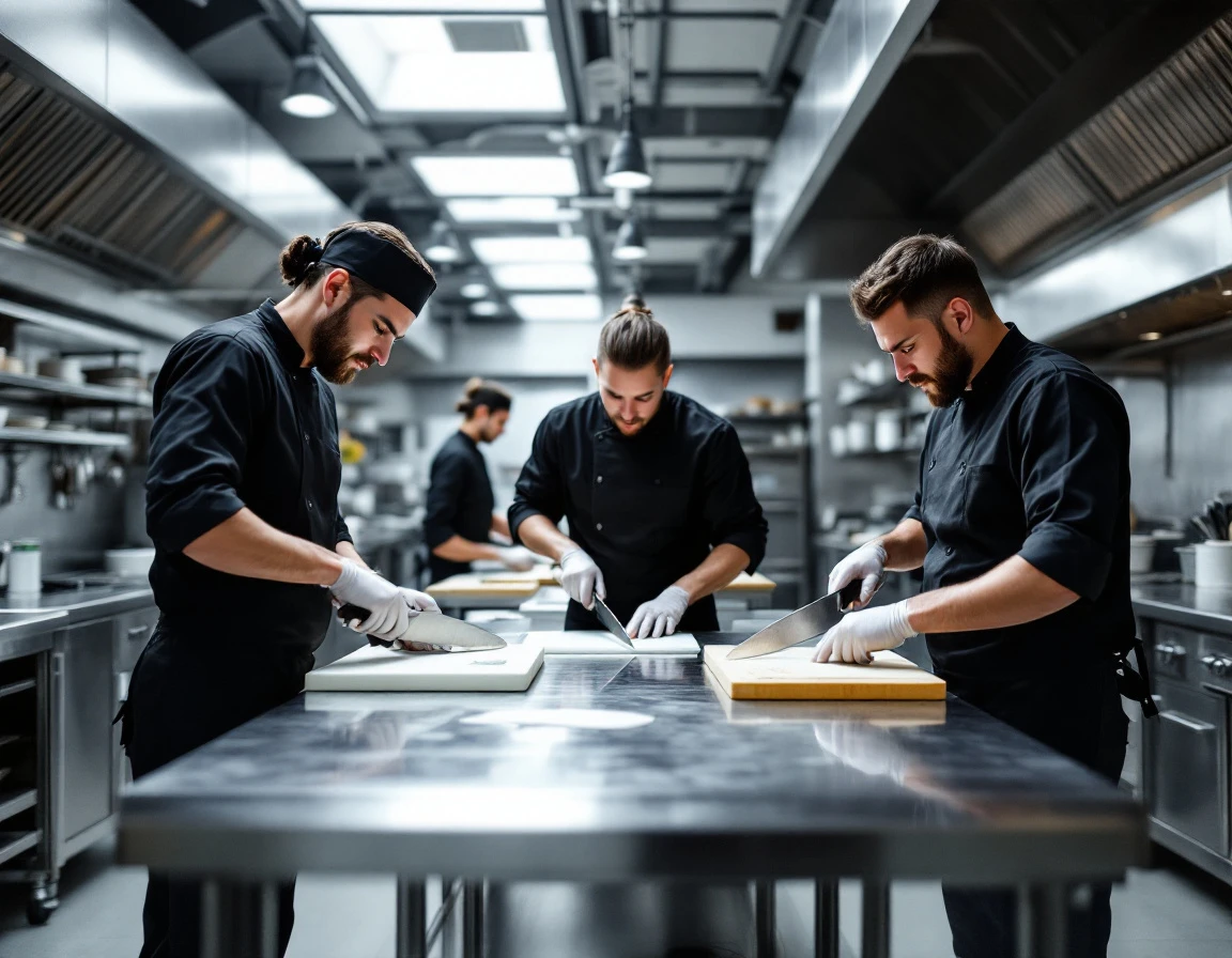 Kitchen staff performing synchronized prep work at multiple stations in professional culinary environment