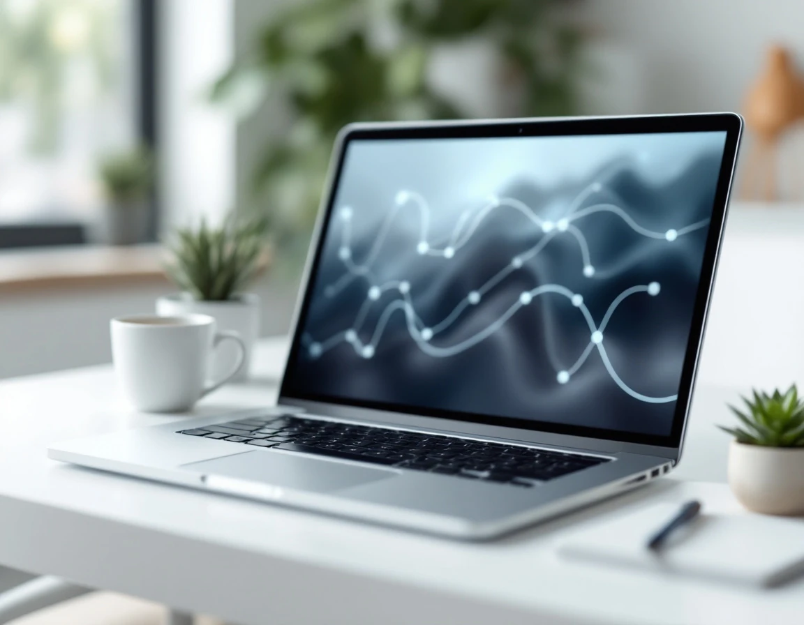 Laptop displaying blurred analytics interface on modern workspace desk with coffee and notebook