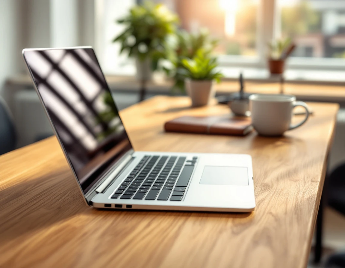Laptop computer on wooden office desk with notebook and plant in modern workspace setting