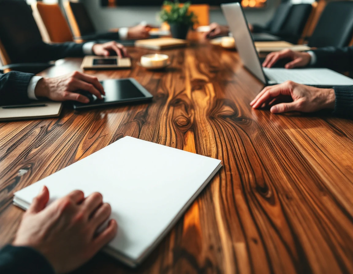 Conference table with blank training materials, laptops, and hands during workplace compliance session