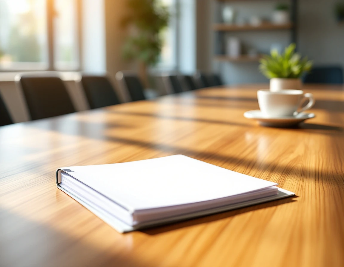Training manual on conference table with coffee cup in professional office environment