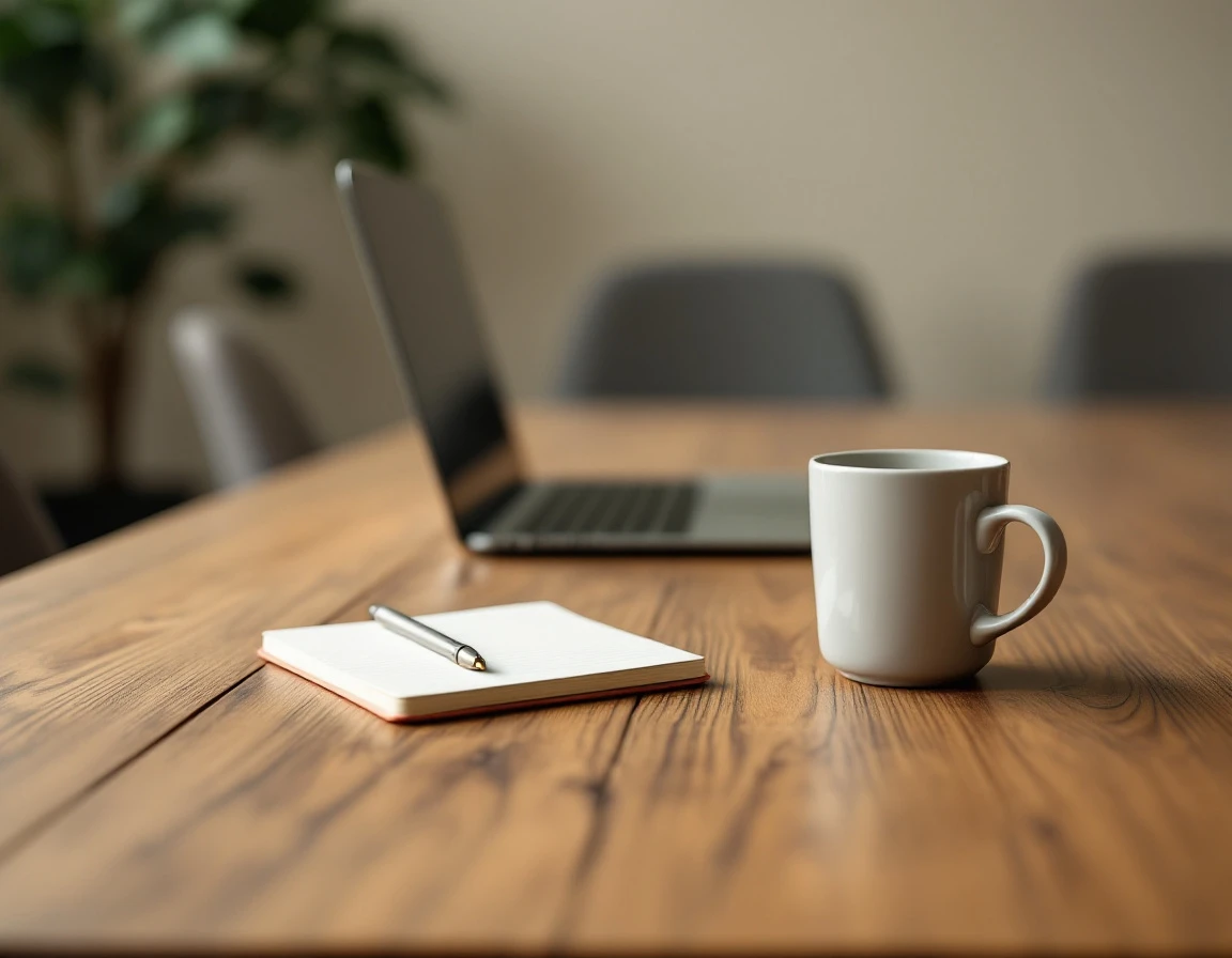 Close-up of training table with laptop and notepad in corporate learning environment