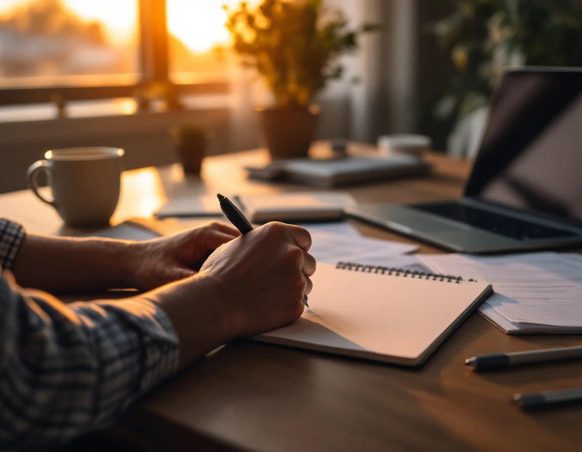 Professional hands working at clean desk workspace with blank notepad during training content development