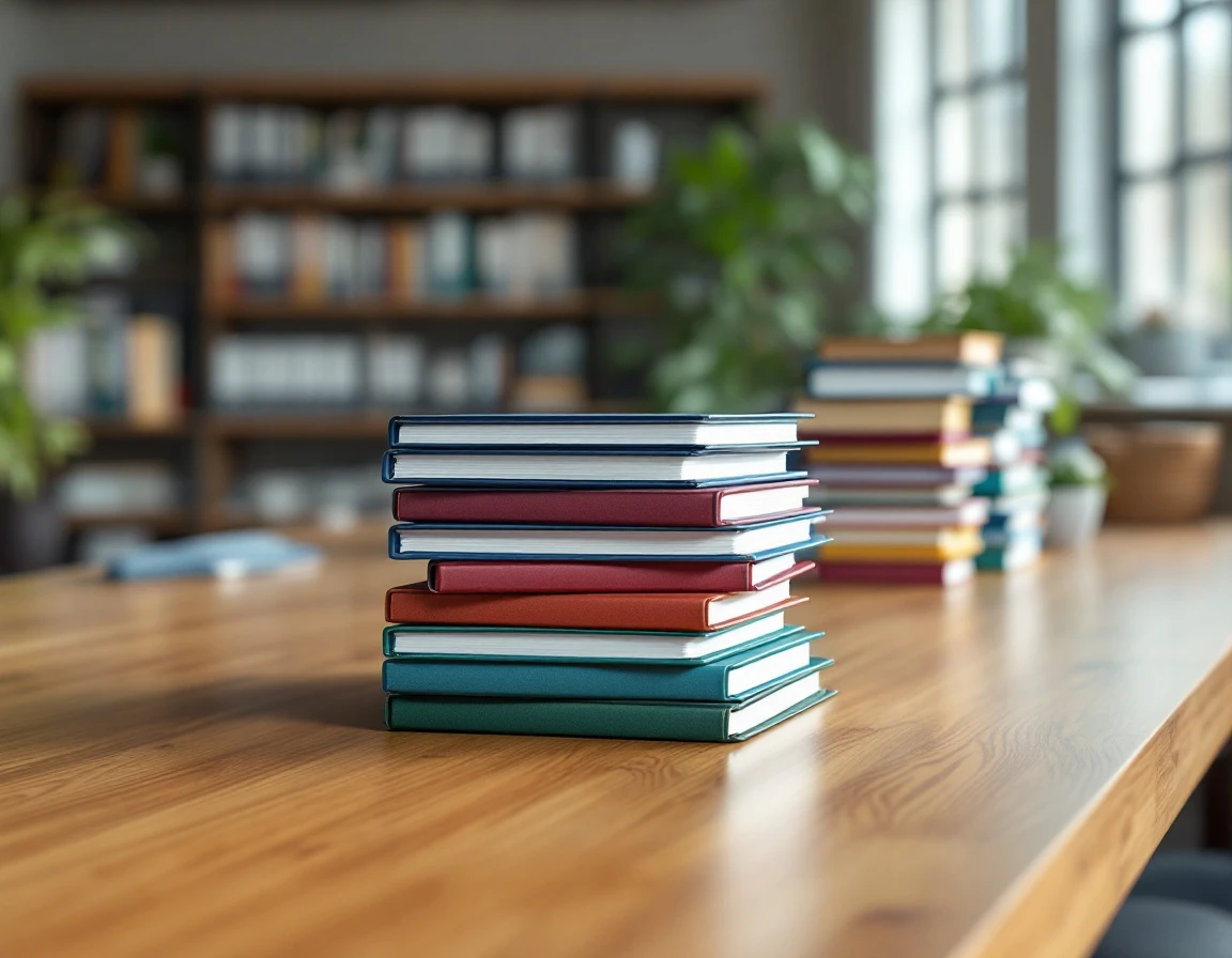 Organized stacks of colored binders and folders arranged on wooden table representing compliance training audit