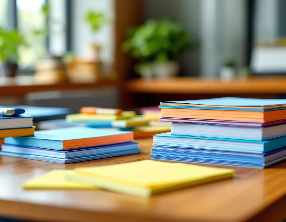 Stacks of blank colored notepads and sticky notes arranged on wooden desk for modular content organization