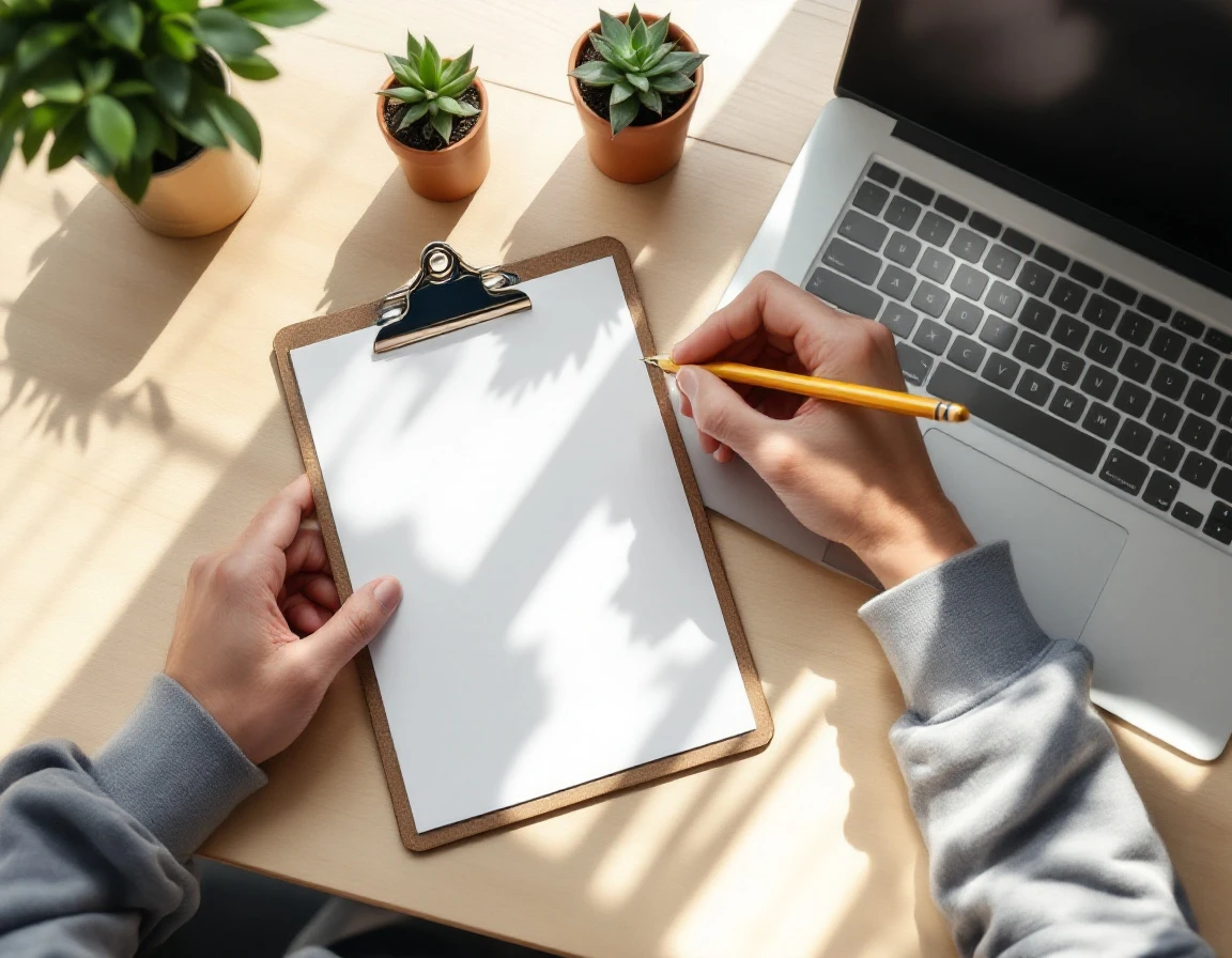 Overhead view of hand writing on clipboard at workspace desk with laptop and plants