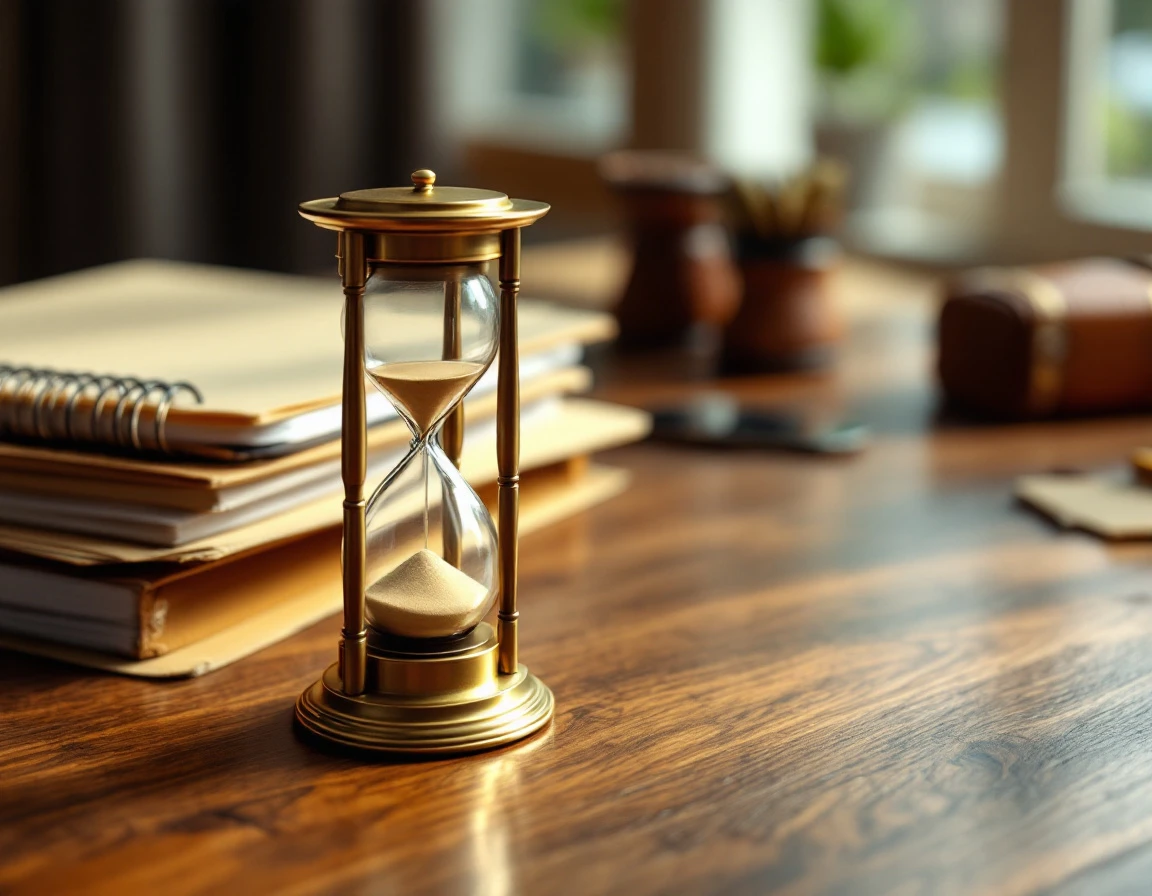 Brass hourglass on wooden desk with blurred onboarding materials in background
