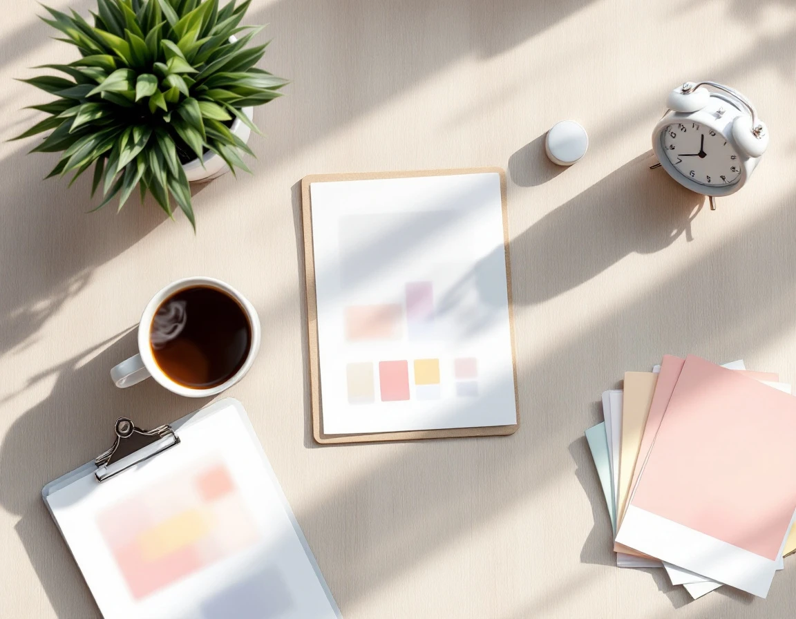 Clean desktop workspace with blurred onboarding documents, coffee cup, pen, and planning materials