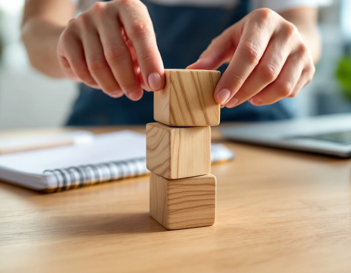 Wooden blocks stacked in three progressive tiers representing layered onboarding and learning progression