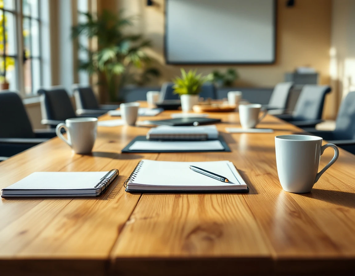 Training room conference table with notebooks and coffee cups ready for onboarding session
