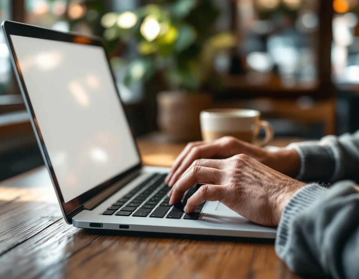 Hands typing on laptop in coffee shop with blurred screen and warm natural lighting