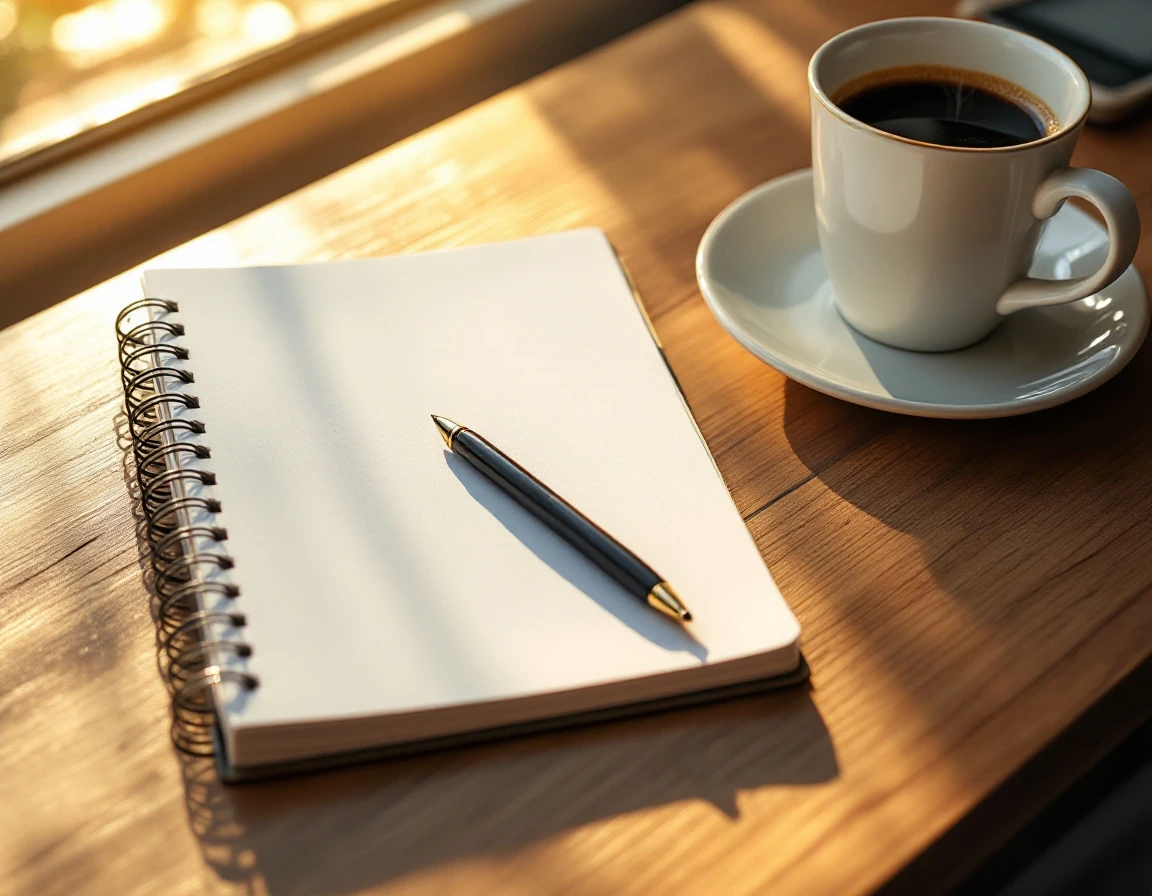 Clean workspace with blank notebook, pen, and coffee cup bathed in natural afternoon sunlight