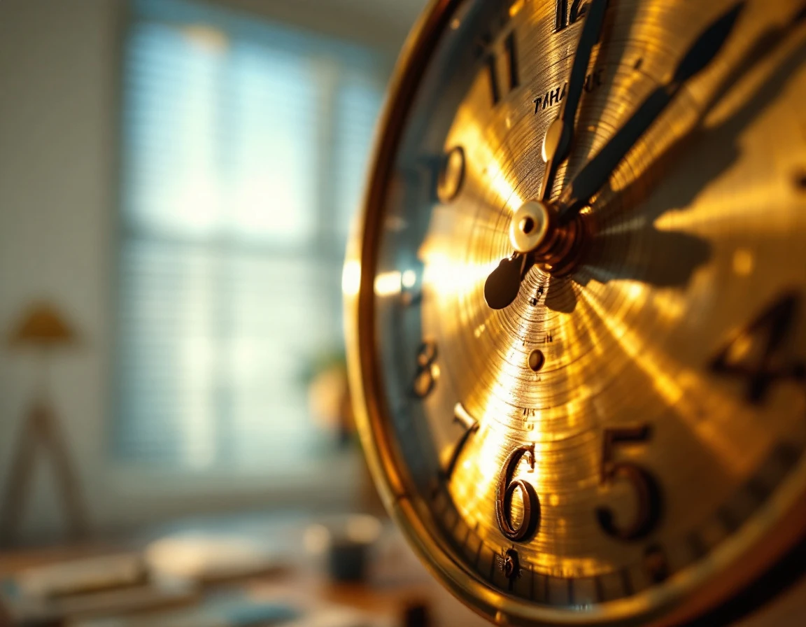 Vintage brass clock face showing late afternoon time in warm natural office lighting