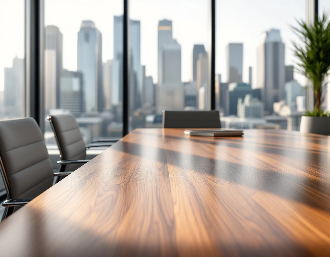 Modern conference room with wooden table and contemporary chairs overlooking city skyline