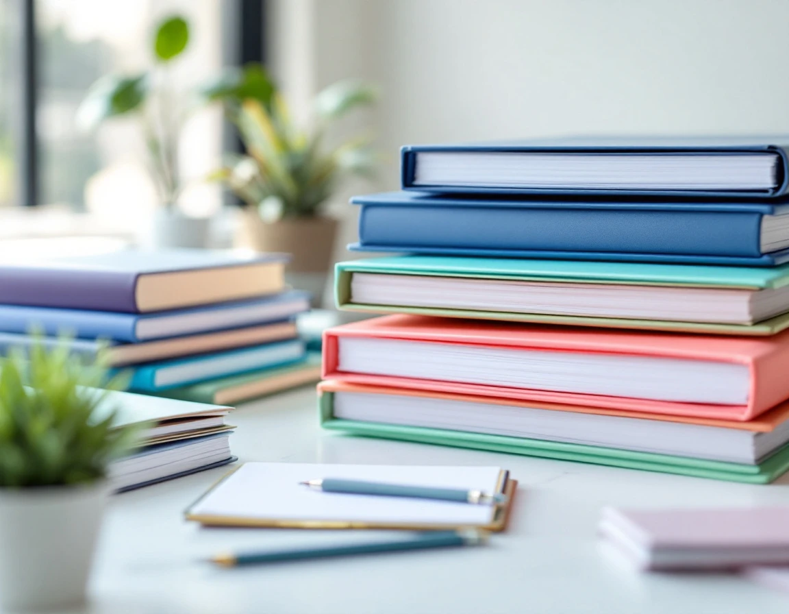 Color-coded binders and folder dividers arranged on office desk representing modular onboarding training paths