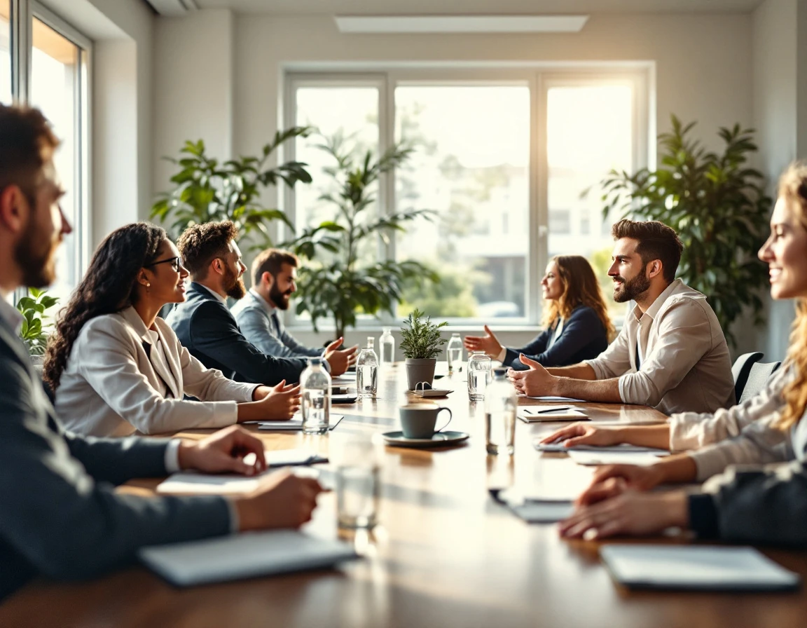 Multiple professionals seated at conference table during group onboarding training session in bright office