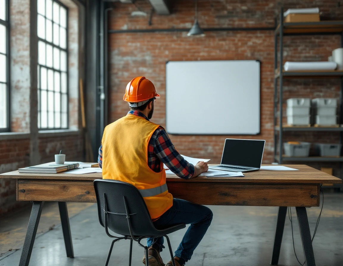 Construction professional reviewing training materials at desk in industrial office with natural lighting
