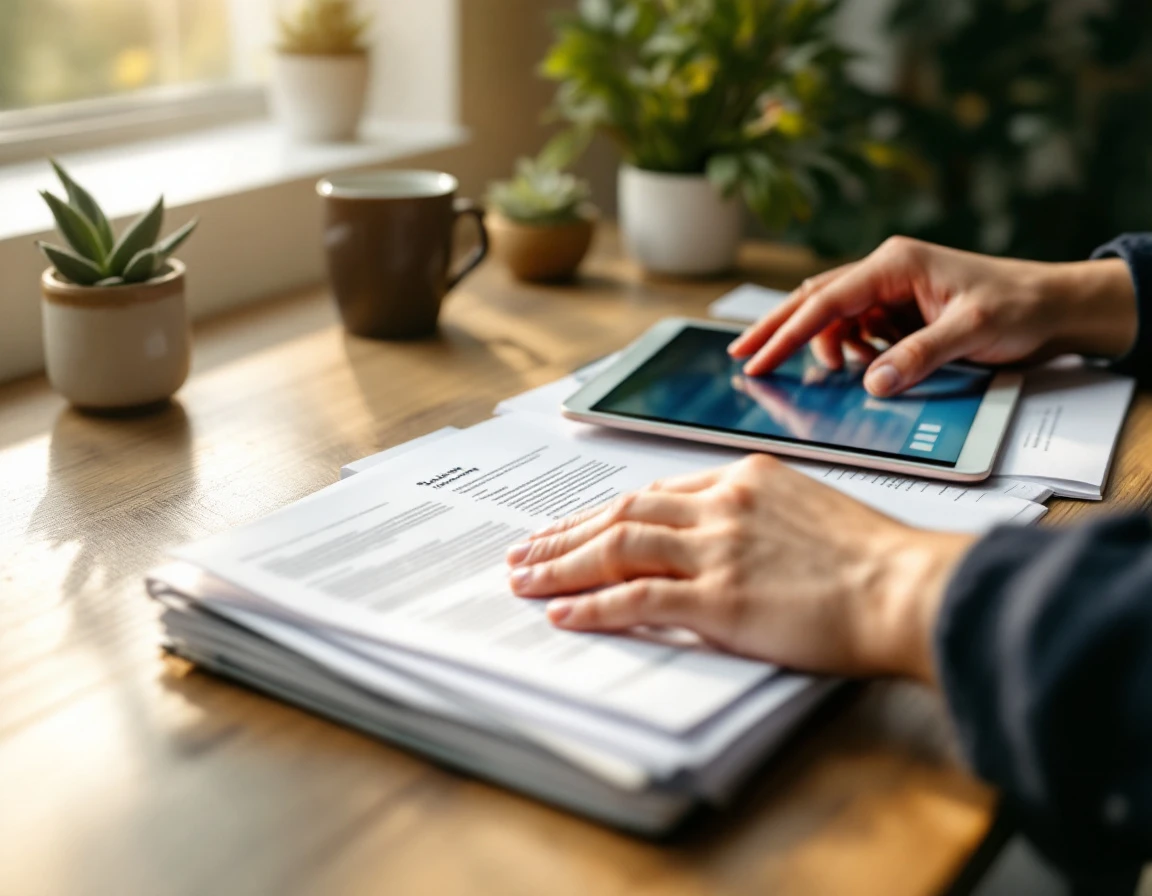 Hands organizing training materials and tablet on office desk with coffee and plant