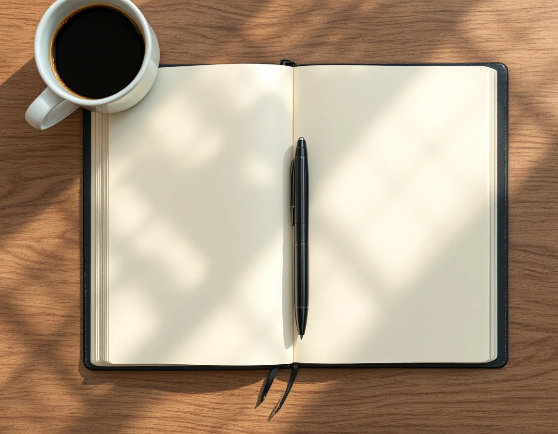 Blank planner notebook with pen and coffee on wooden desk surface with natural lighting
