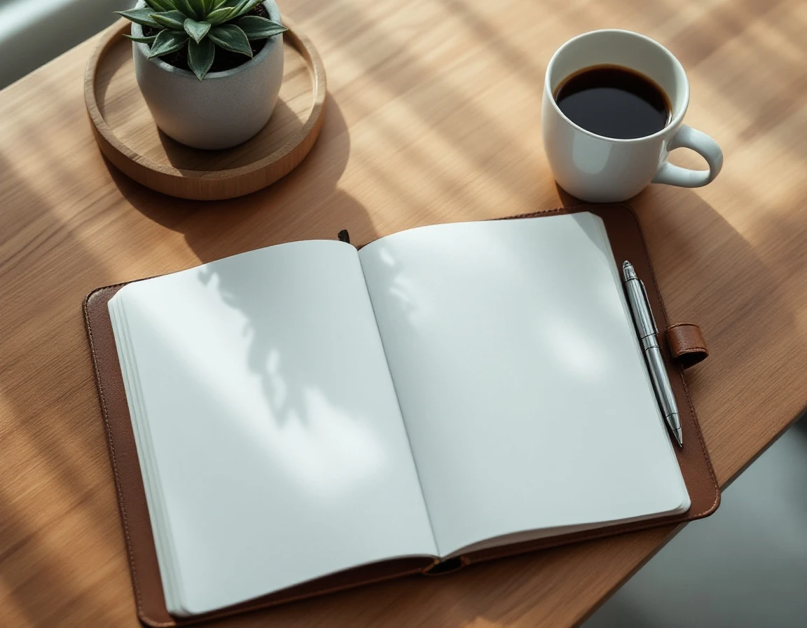 Clean desk workspace with open notebook, pen, and coffee cup suggesting thoughtful employee evaluation preparation