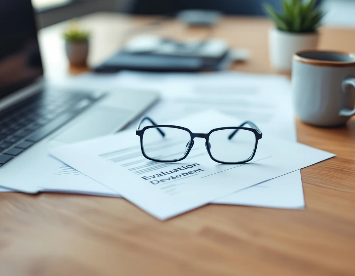 Professional desk workspace with laptop, glasses, and blurred evaluation materials for employee development