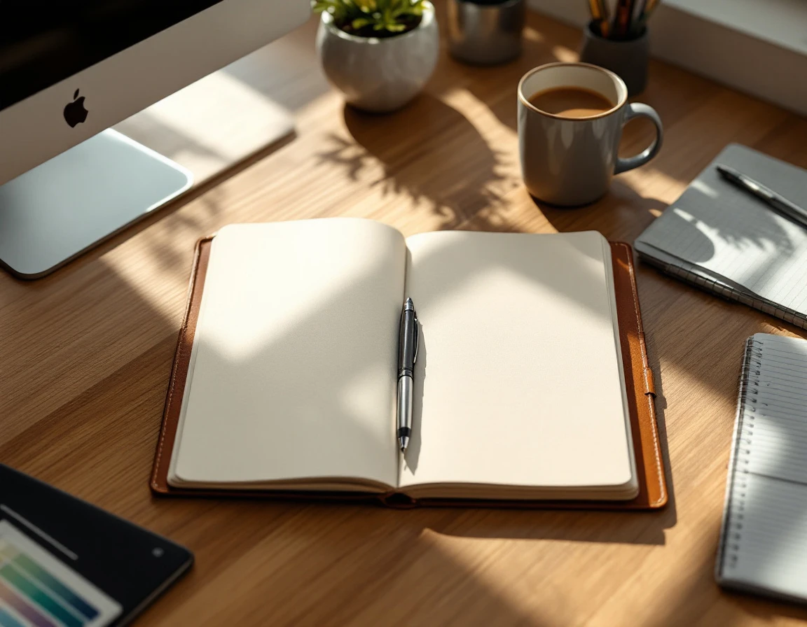 Organized desk workspace with notebook and coffee mug in natural morning light