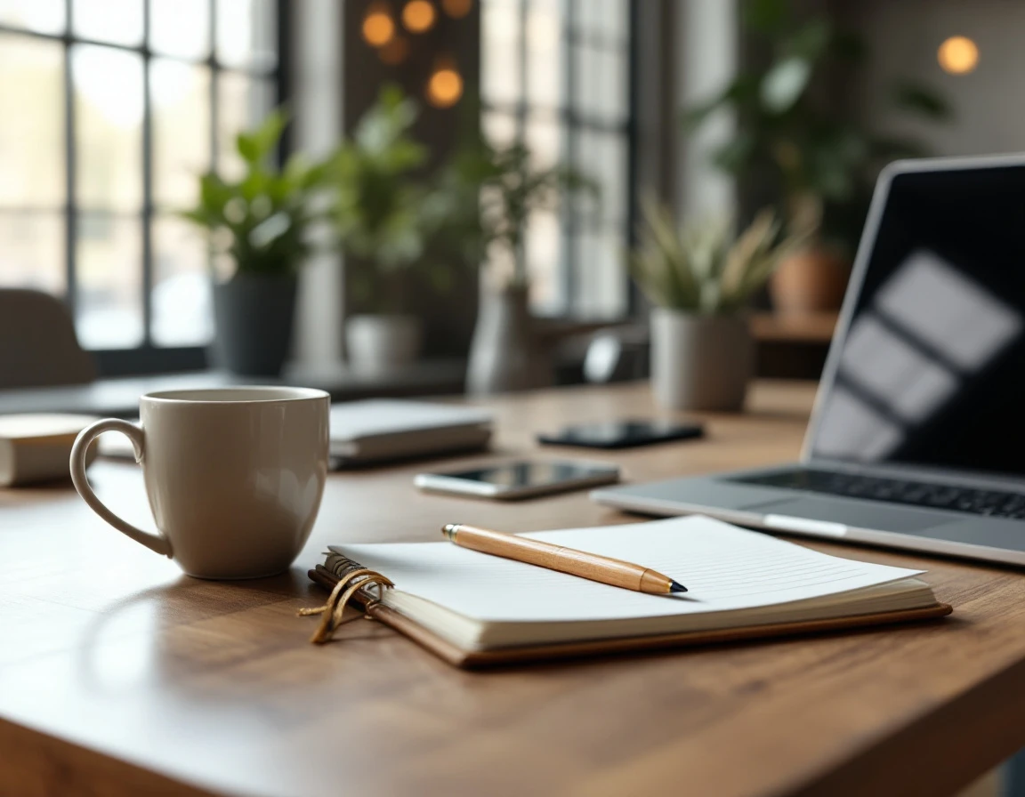 Modern training workspace with laptop, notebook, and coffee mug in natural office lighting