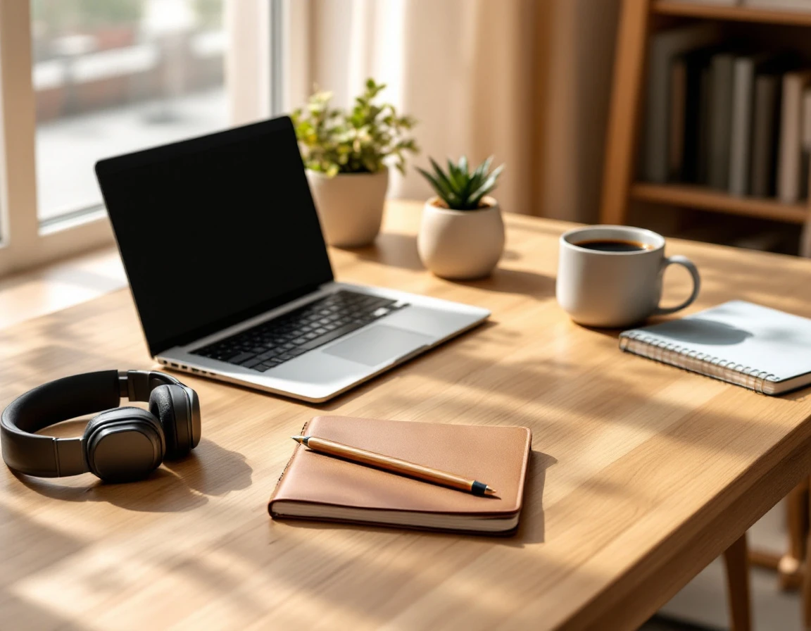 Minimalist workspace with closed laptop, notebook, and coffee setup for learning and development professionals