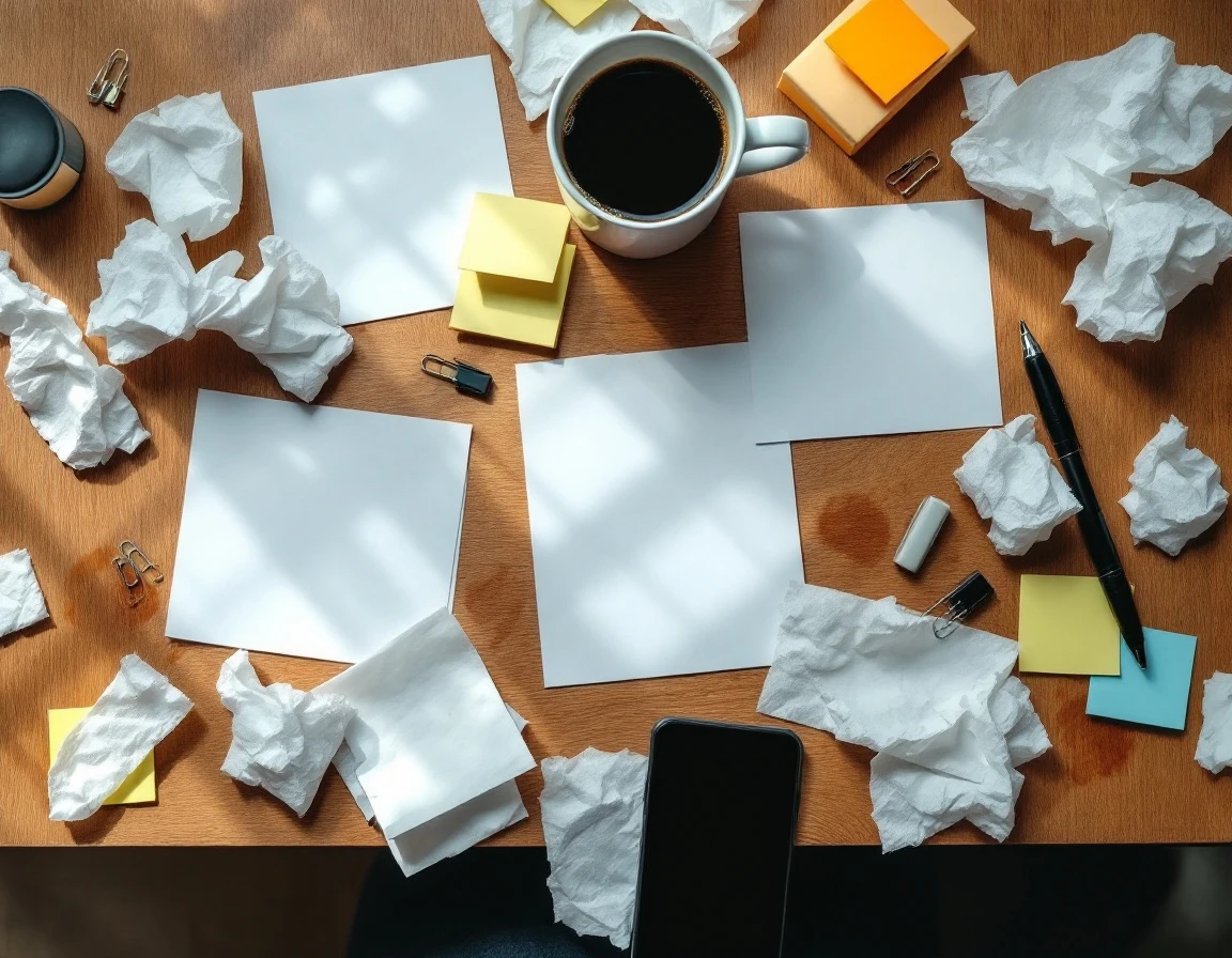 Cluttered desk with scattered papers, coffee stains, and disorganized office supplies representing onboarding chaos