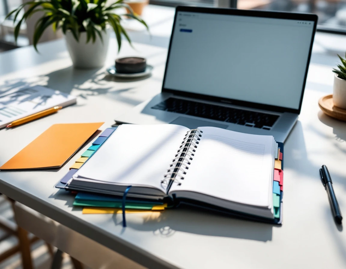 Organized training materials with color-coded tabs and laptop on modern desk with natural lighting