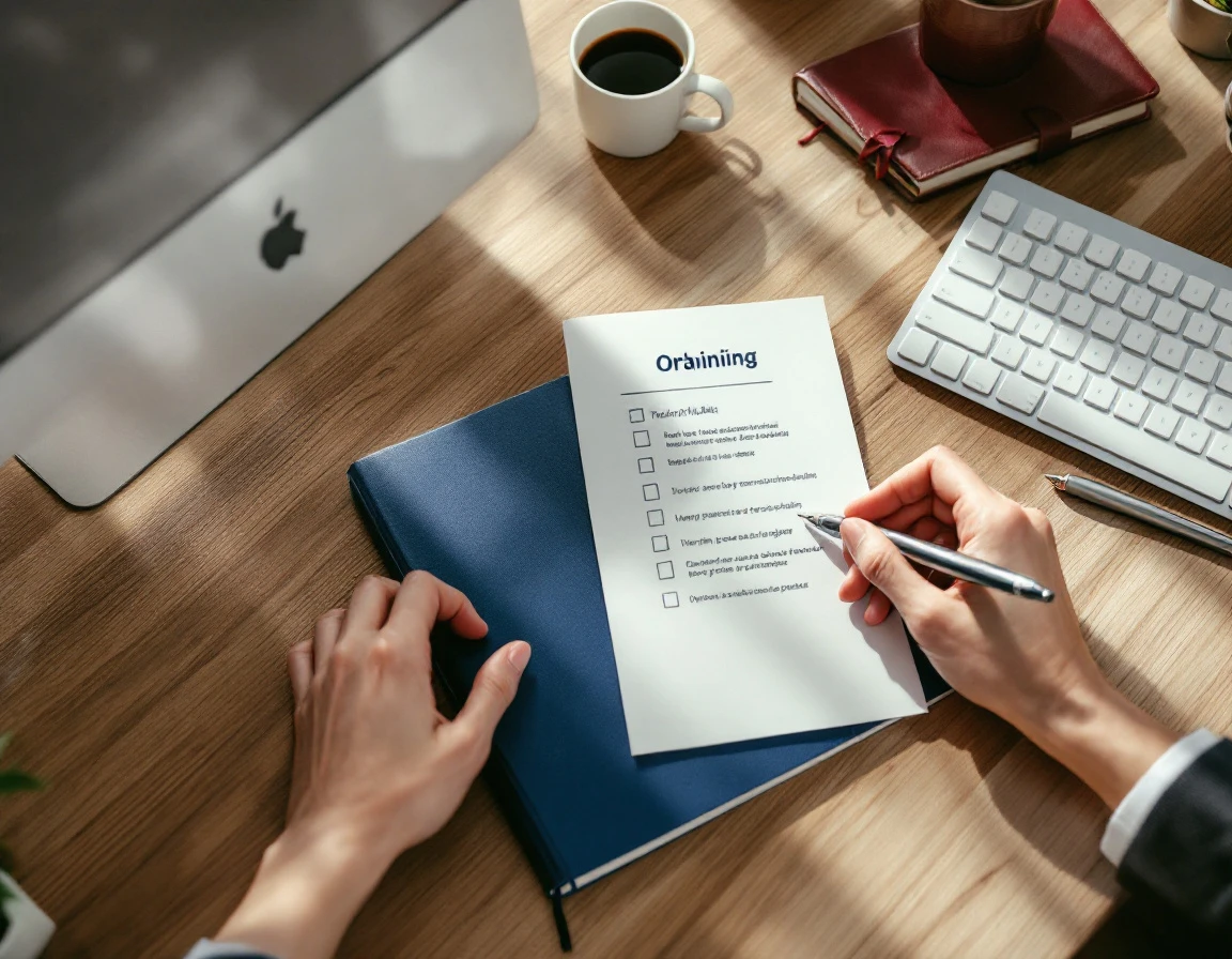 Organized desk workspace with training materials and hands arranging onboarding documents